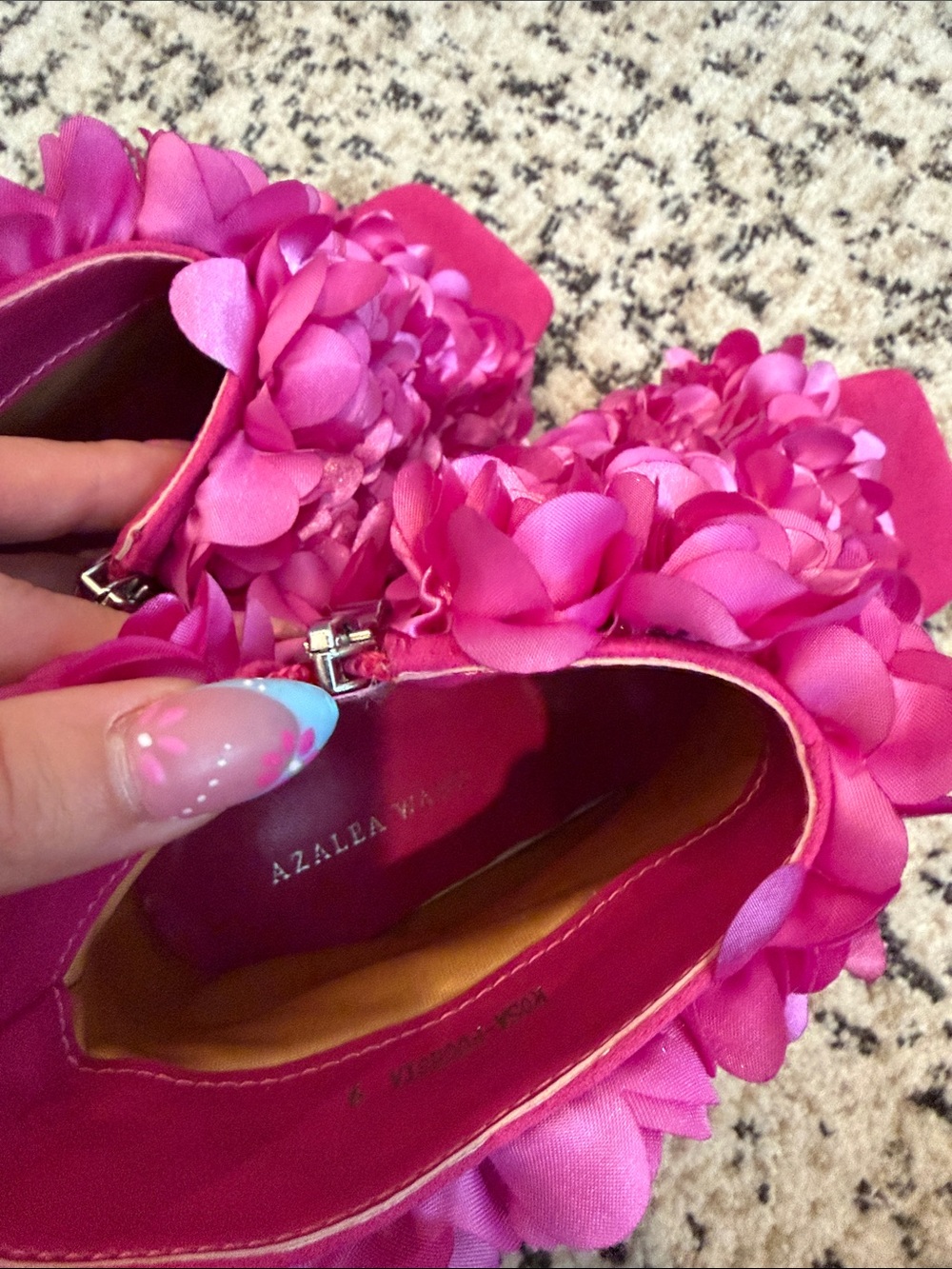 Azalea Wang Fuchsia Floral Appliqué Stiletto Booties — Women’s Heeled Boots - Picture 6 of 7